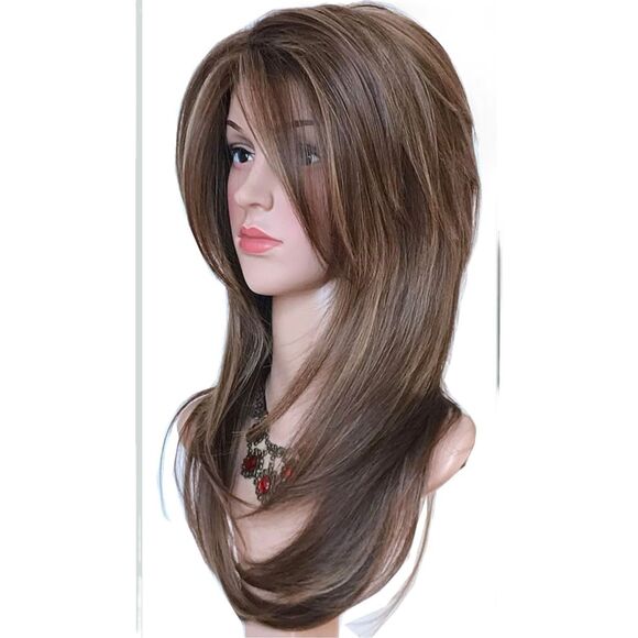 24” Long Synthetic Wig Layered Light Brown Highlights Soft Heat Resistant NEW - Picture 3 of 4